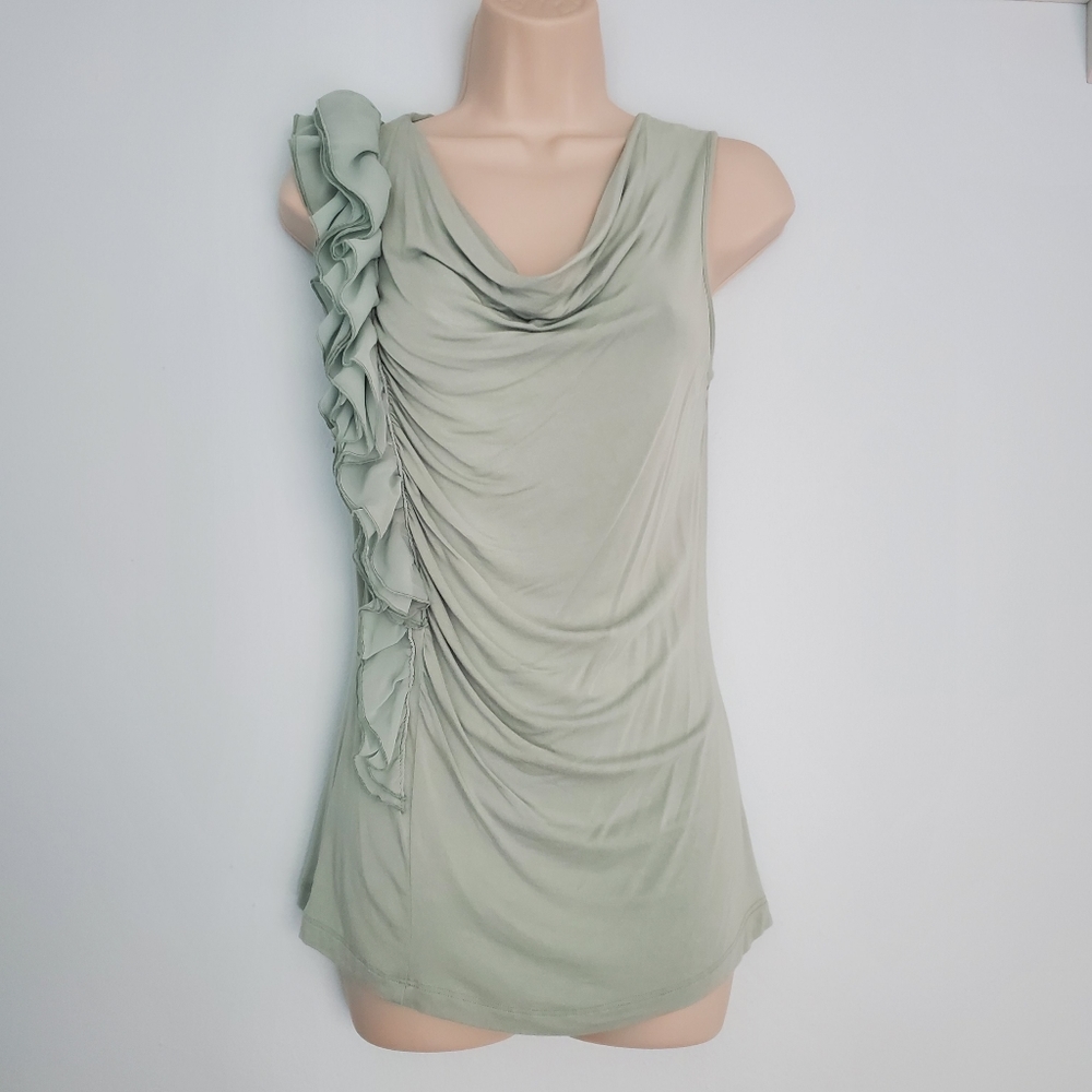 Cable & Gauge Light Sage Ruffled Sleeveless Cowl Neck
